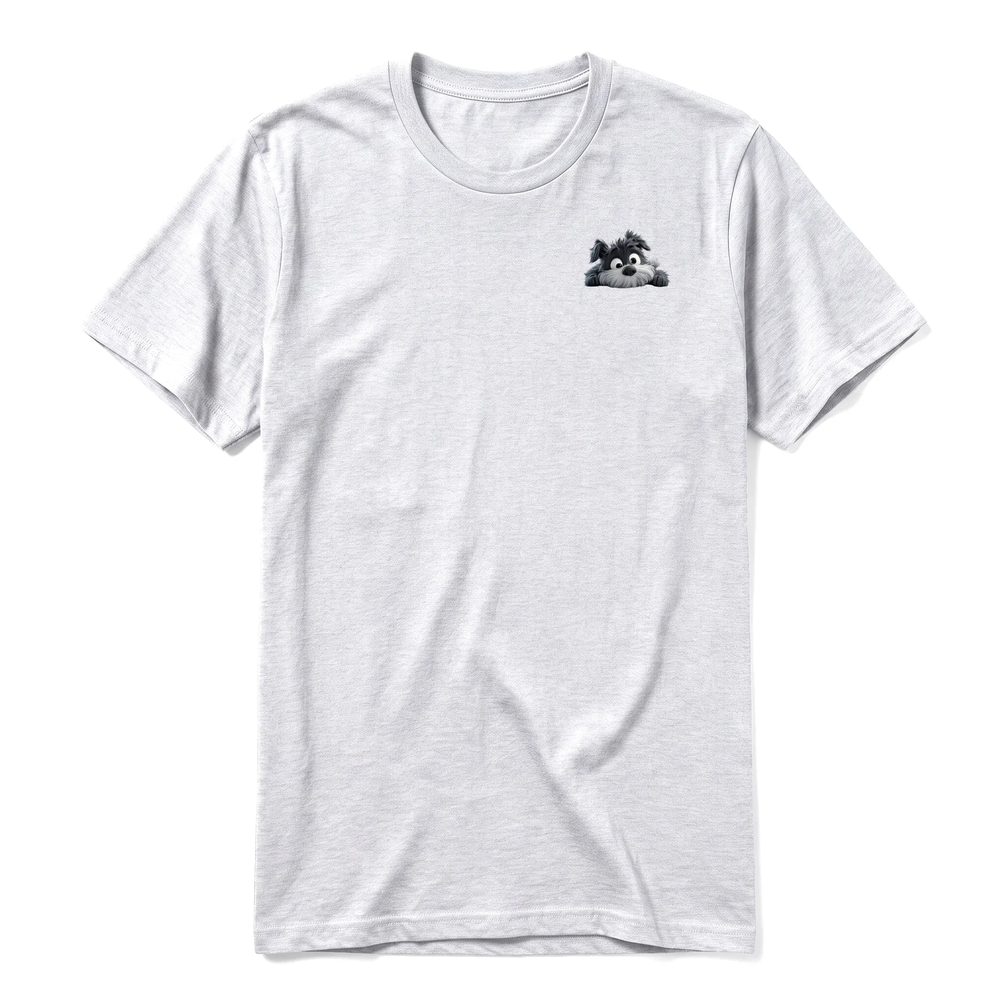 A ash grey short-sleeve crewneck t-shirt for adult featuring a graphic of a dog on the left chest.