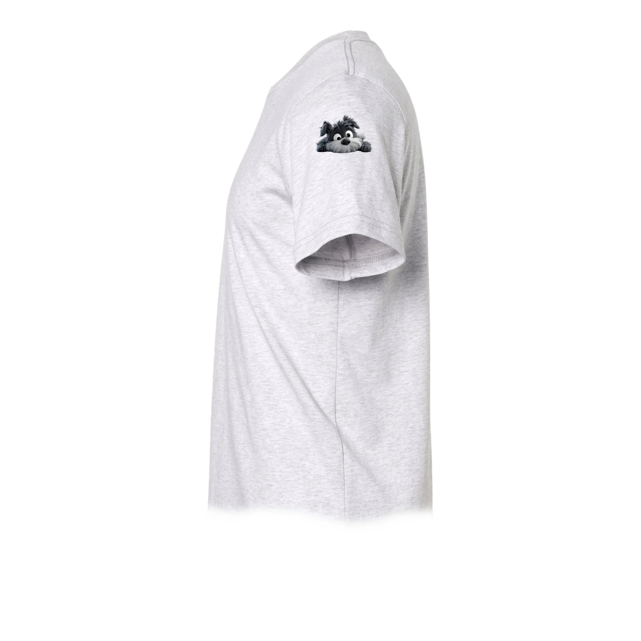 A ash grey short-sleeve crewneck t-shirt  featuring a small graphic of a dog on the upper left sleeve.