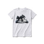 A ash grey short-sleeve crewneck t-shirt for youth featuring a graphic of a dog on the front.