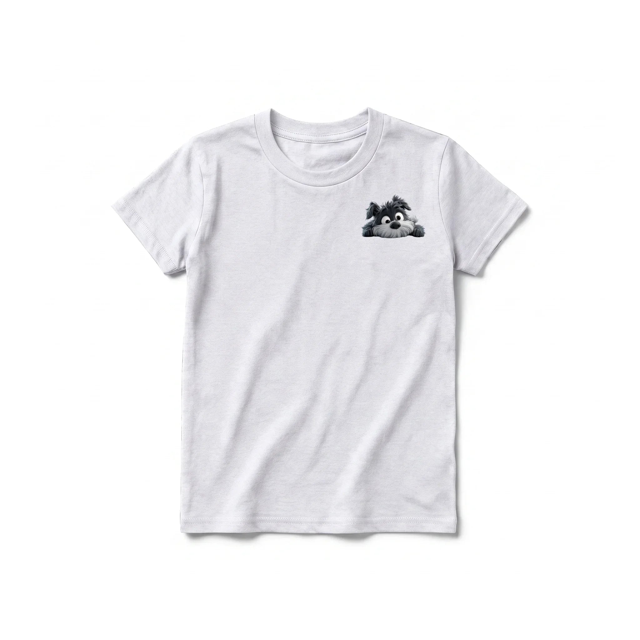 A ash grey short-sleeve crewneck t-shirt for youth featuring a graphic of a dog on the left chest.