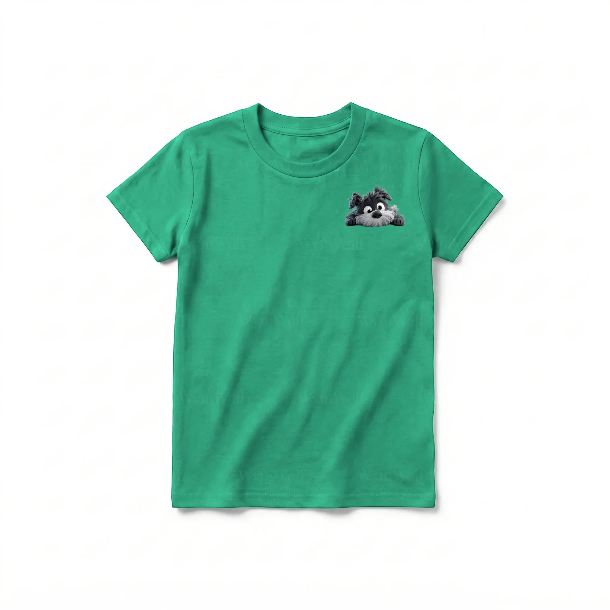 Un T-shirt kelly à manches courtes et col rond pour jeune, orné d'un motif représentant un chien sur la poitrine gauche.
