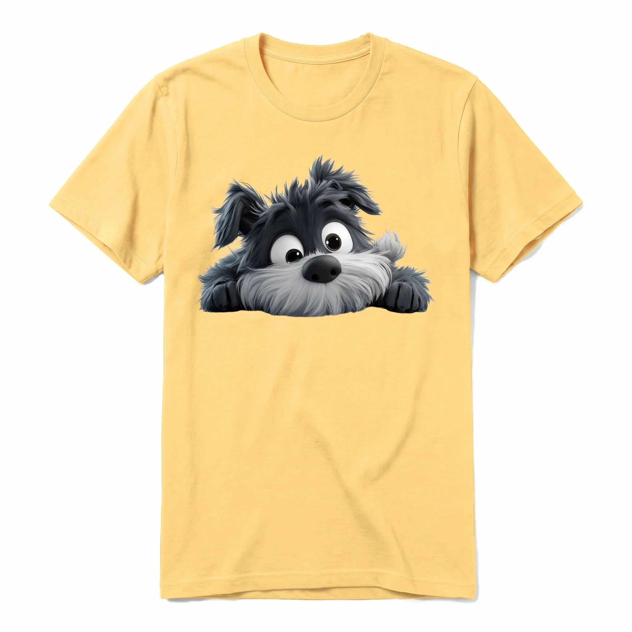 Un T-shirt moutarde à manches courtes et col rond, orné d'un motif représentant un chien sur le devant.