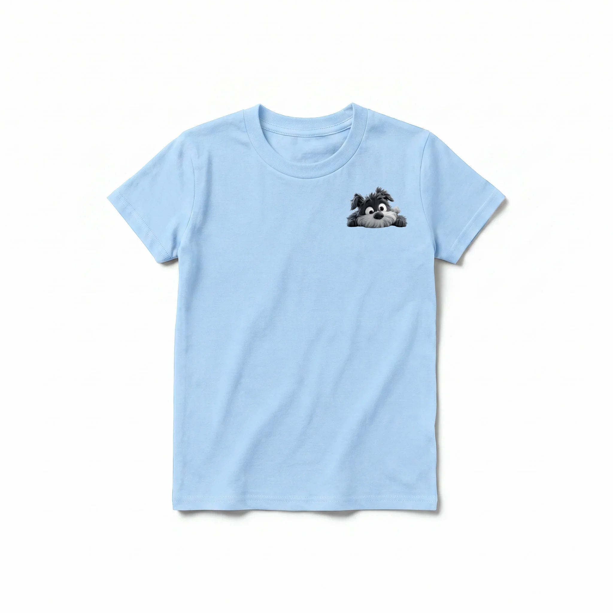 A powder short-sleeve crewneck t-shirt for youth featuring a graphic of a dog on the left chest.