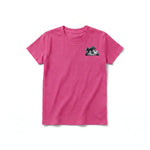 A raspberry short-sleeve crewneck t-shirt for youth featuring a graphic of a dog on the left chest.