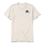 A vintage-white short-sleeve crewneck t-shirt for adult featuring a graphic of a dog on the left chest.