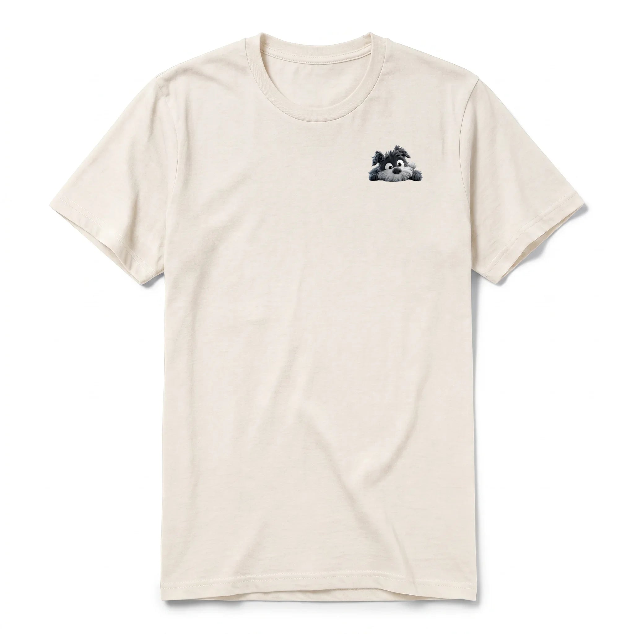 A vintage-white short-sleeve crewneck t-shirt for adult featuring a graphic of a dog on the left chest.