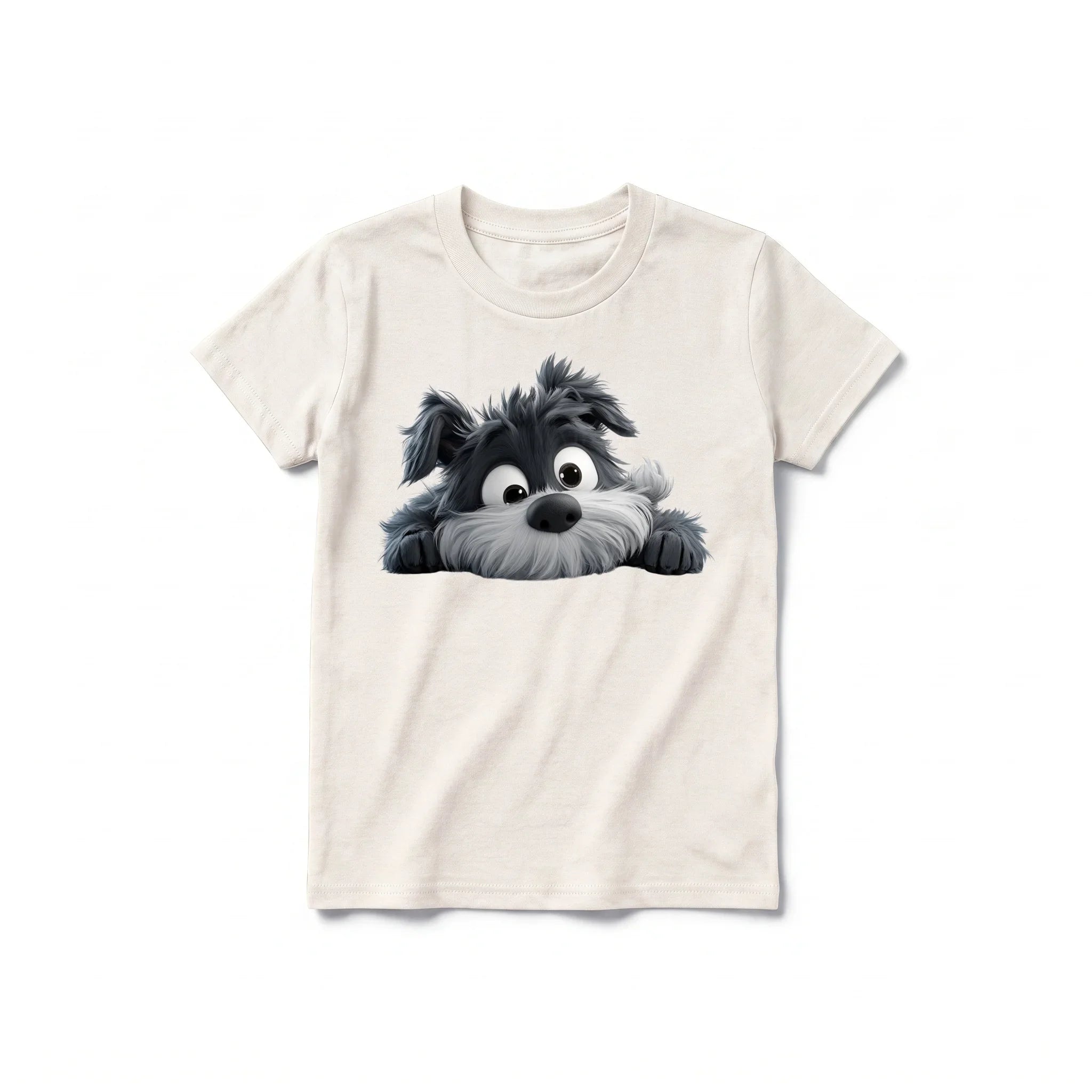 A vintage-white short-sleeve crewneck t-shirt for youth featuring a graphic of a dog on the front.