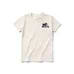 A vintage-white short-sleeve crewneck t-shirt for youth featuring a graphic of a dog on the left chest.
