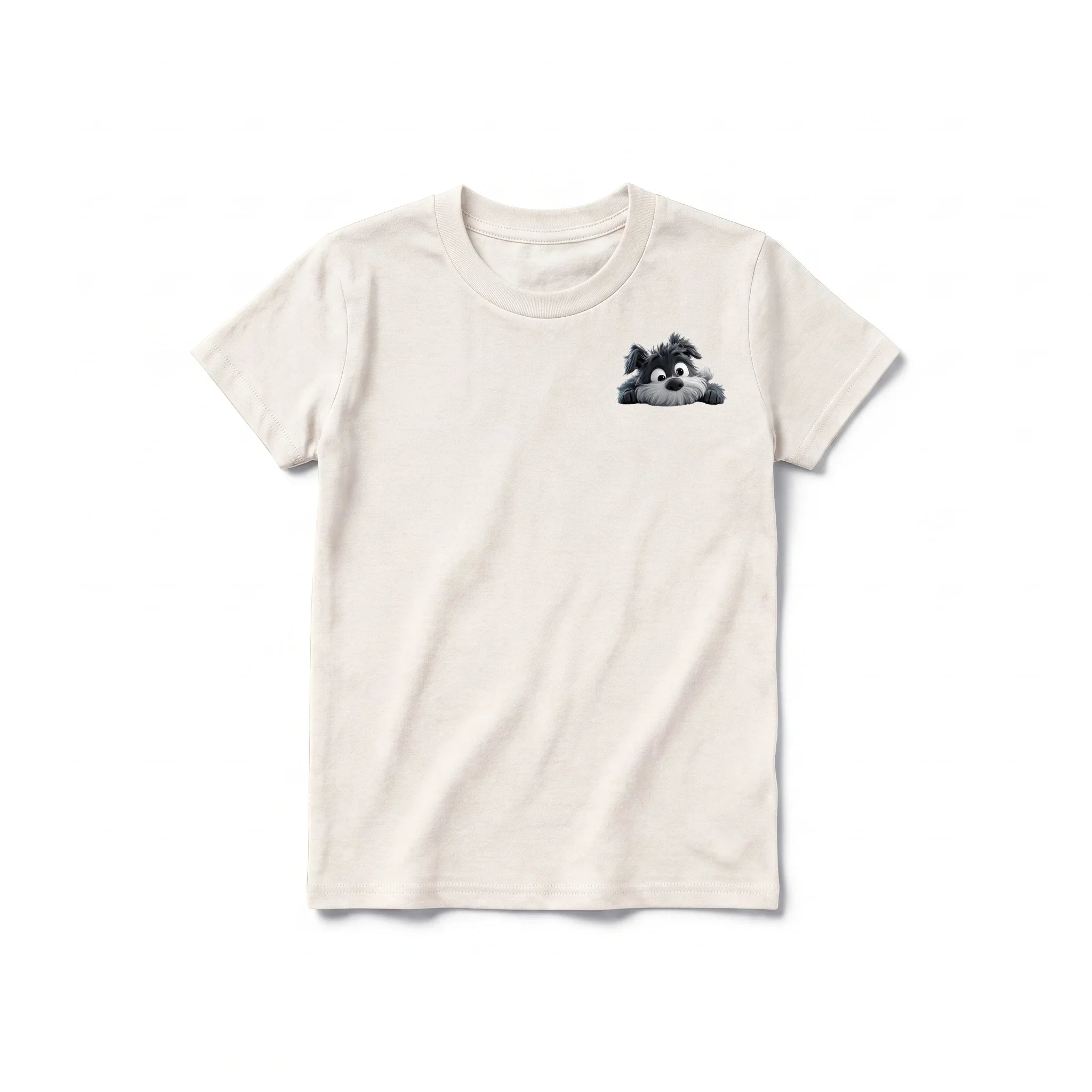 A vintage-white short-sleeve crewneck t-shirt for youth featuring a graphic of a dog on the left chest.