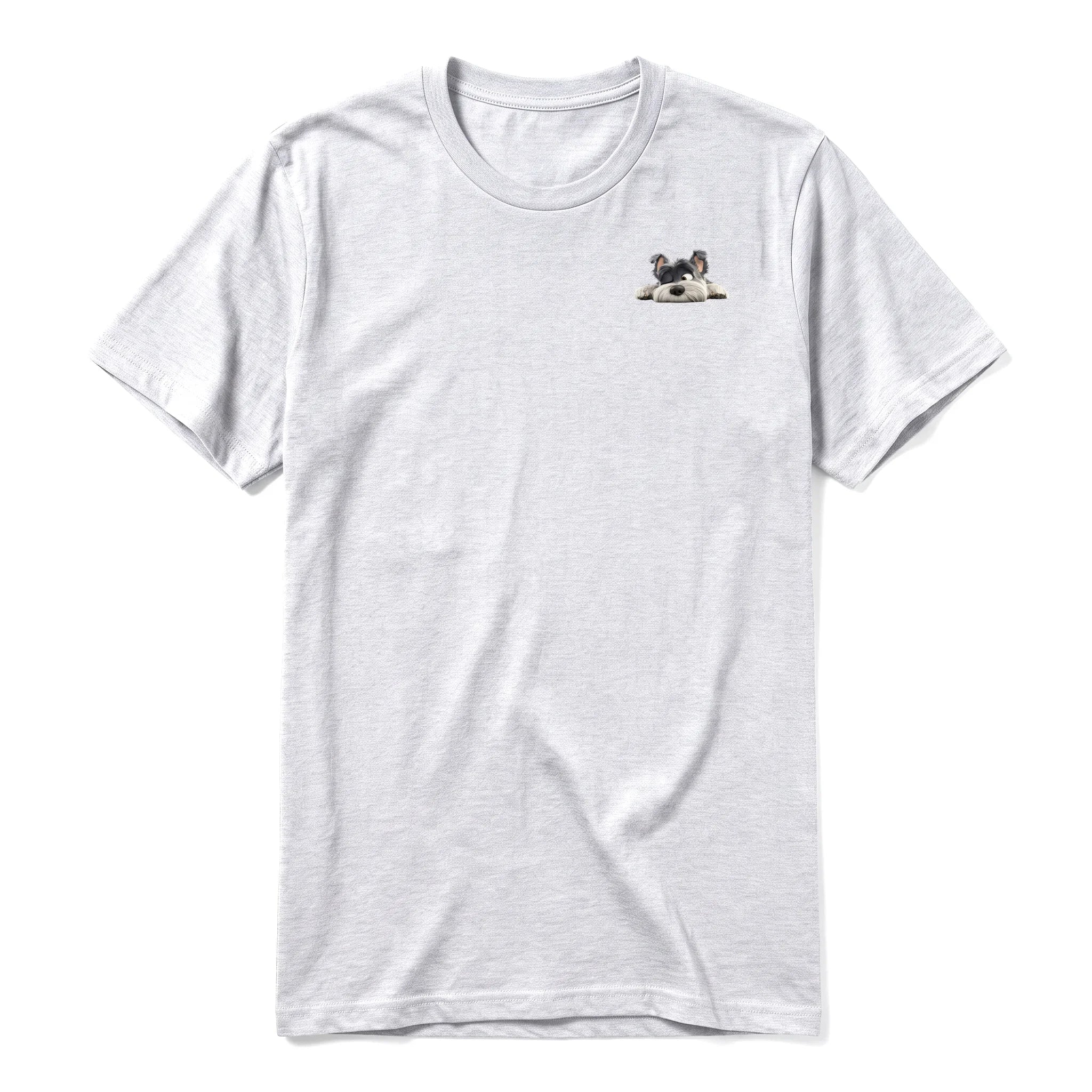 Un T-shirt gris cendré à manches courtes et col rond, orné d'un motif représentant un chien sur la poitrine gauche.