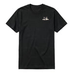 A black short-sleeve crewneck t-shirt for adult featuring a graphic of a dog on the left chest.