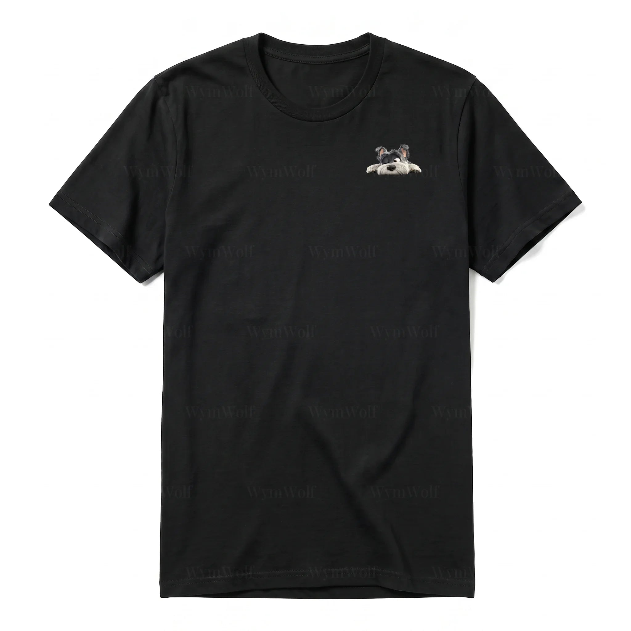 A black short-sleeve crewneck t-shirt for adult featuring a graphic of a dog on the left chest.