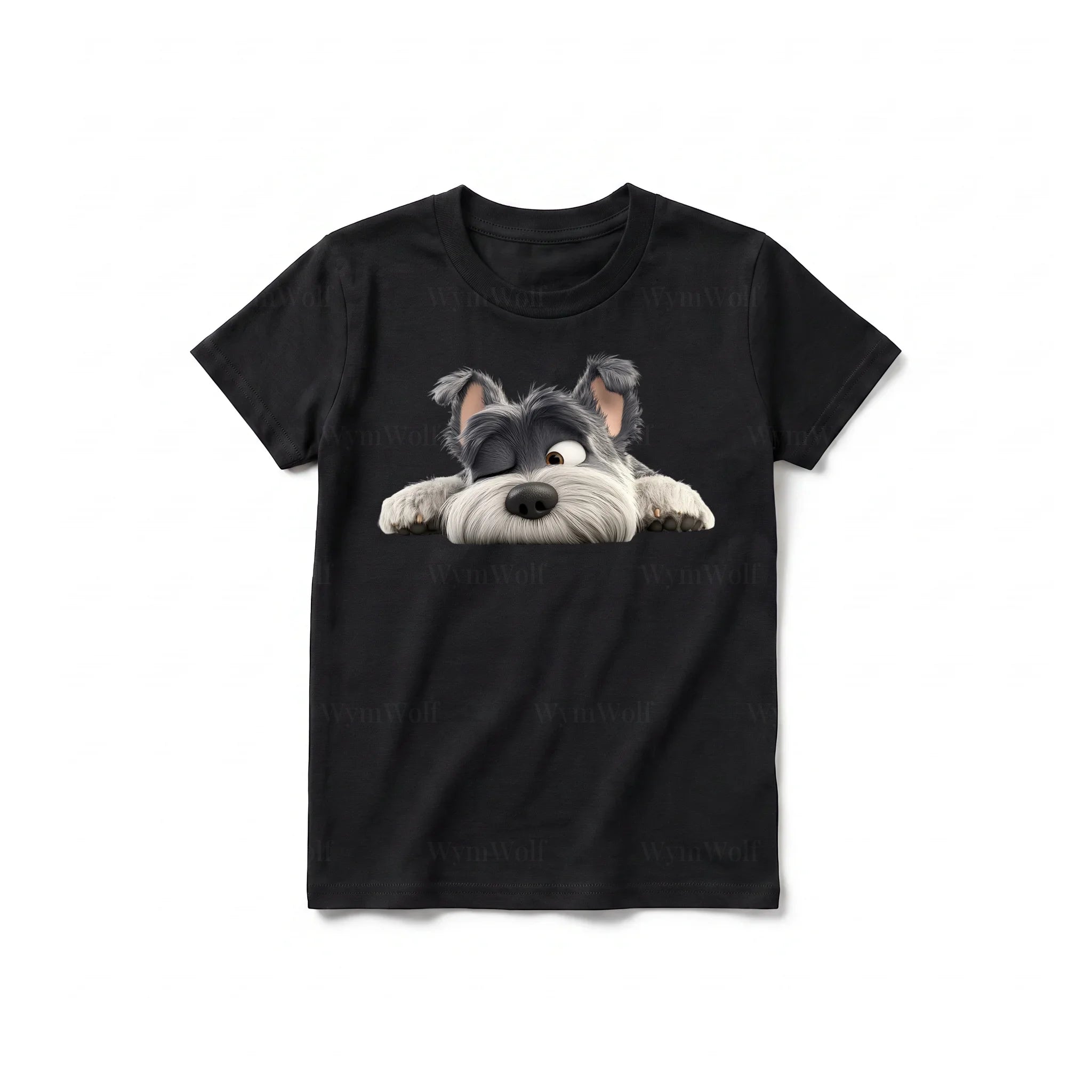 A black short-sleeve crewneck t-shirt for youth featuring a graphic of a dog on the front.