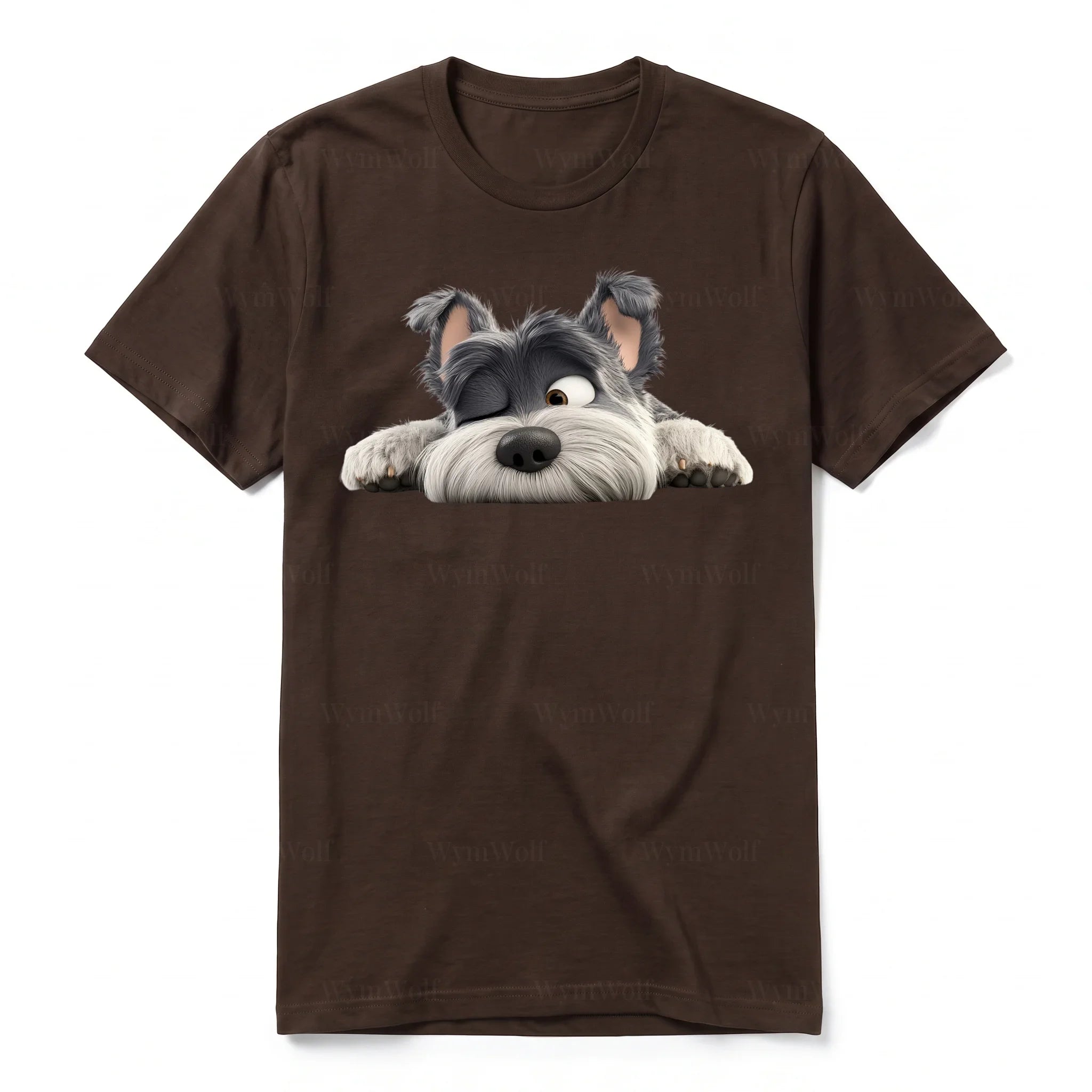 Un T-shirt chocolat à manches courtes et col rond, orné d'un motif représentant un chien sur le devant.