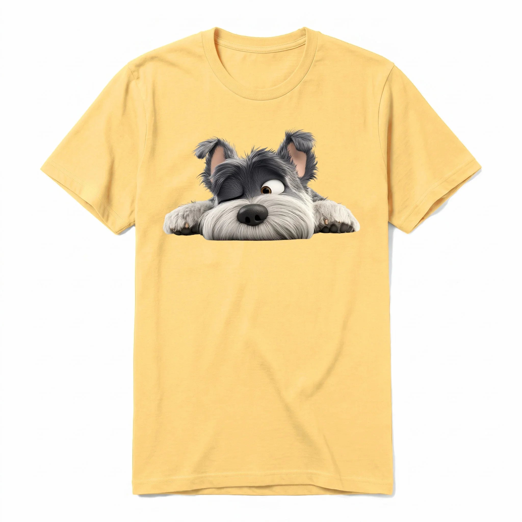 Un T-shirt moutarde à manches courtes et col rond, orné d'un motif représentant un chien sur le devant.