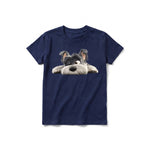 A navy short-sleeve crewneck t-shirt for youth featuring a graphic of a dog on the front.