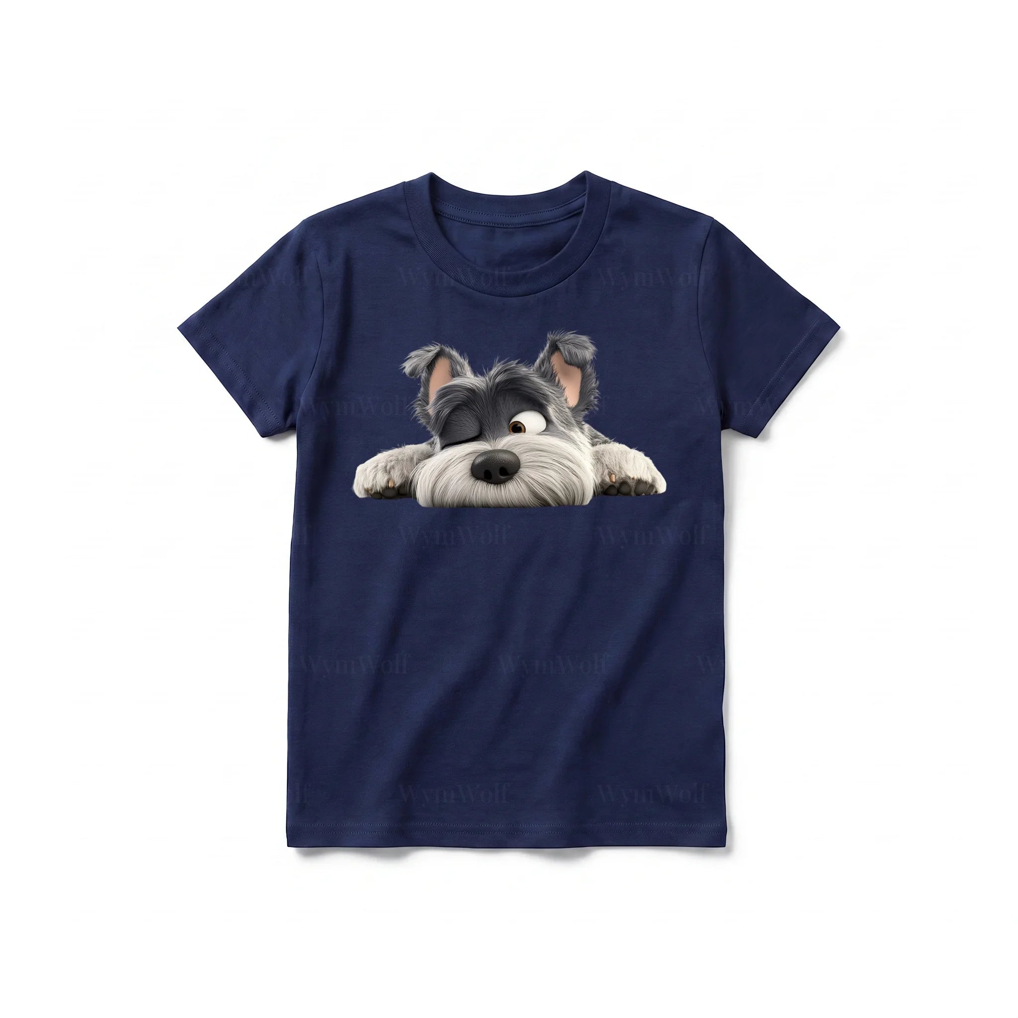 A navy short-sleeve crewneck t-shirt for youth featuring a graphic of a dog on the front.
