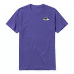 A purple short-sleeve crewneck t-shirt for adult featuring a graphic of a dog on the left chest.