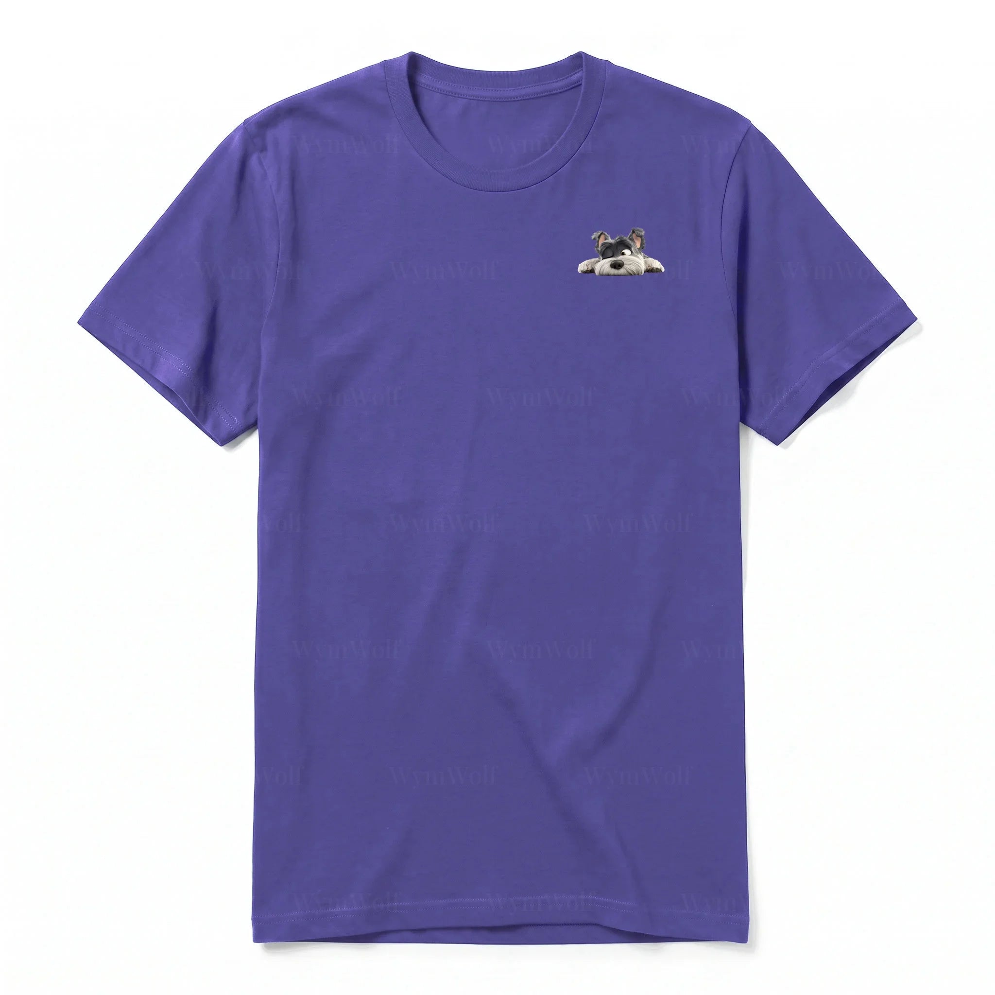 A purple short-sleeve crewneck t-shirt for adult featuring a graphic of a dog on the left chest.
