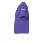 A purple short-sleeve crewneck t-shirt  featuring a small graphic of a dog on the upper left sleeve.