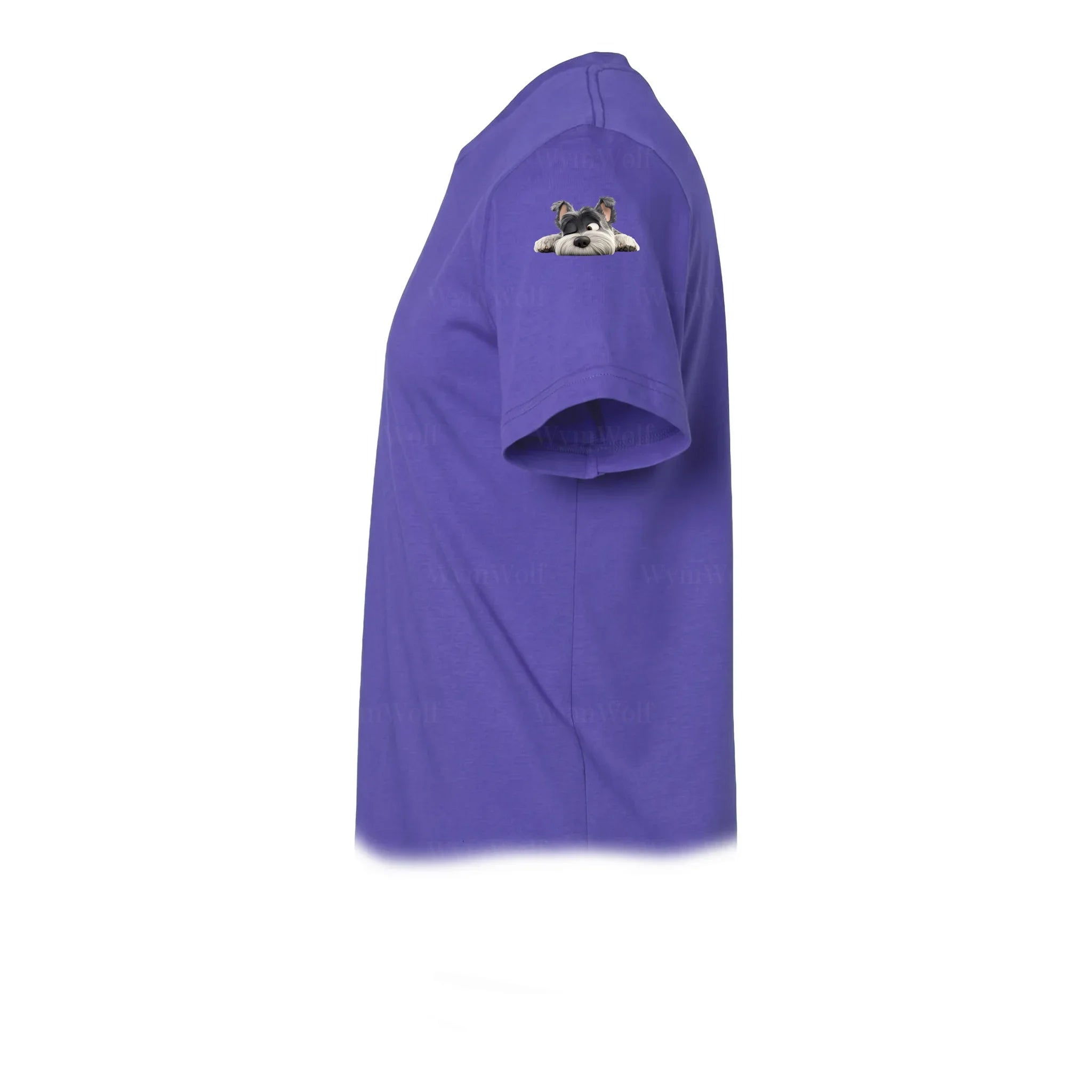 A purple short-sleeve crewneck t-shirt  featuring a small graphic of a dog on the upper left sleeve.