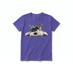 A purple short-sleeve crewneck t-shirt for youth featuring a graphic of a dog on the front.