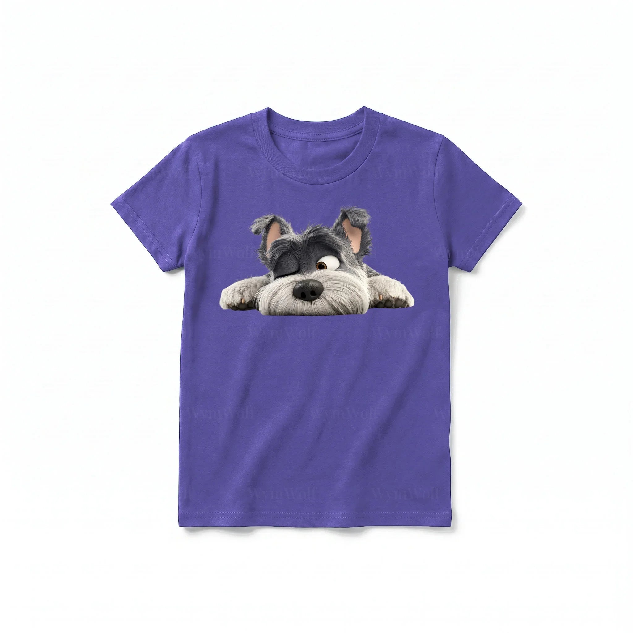 A purple short-sleeve crewneck t-shirt for youth featuring a graphic of a dog on the front.