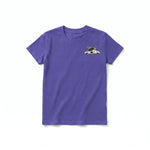 A purple short-sleeve crewneck t-shirt for youth featuring a graphic of a dog on the left chest.