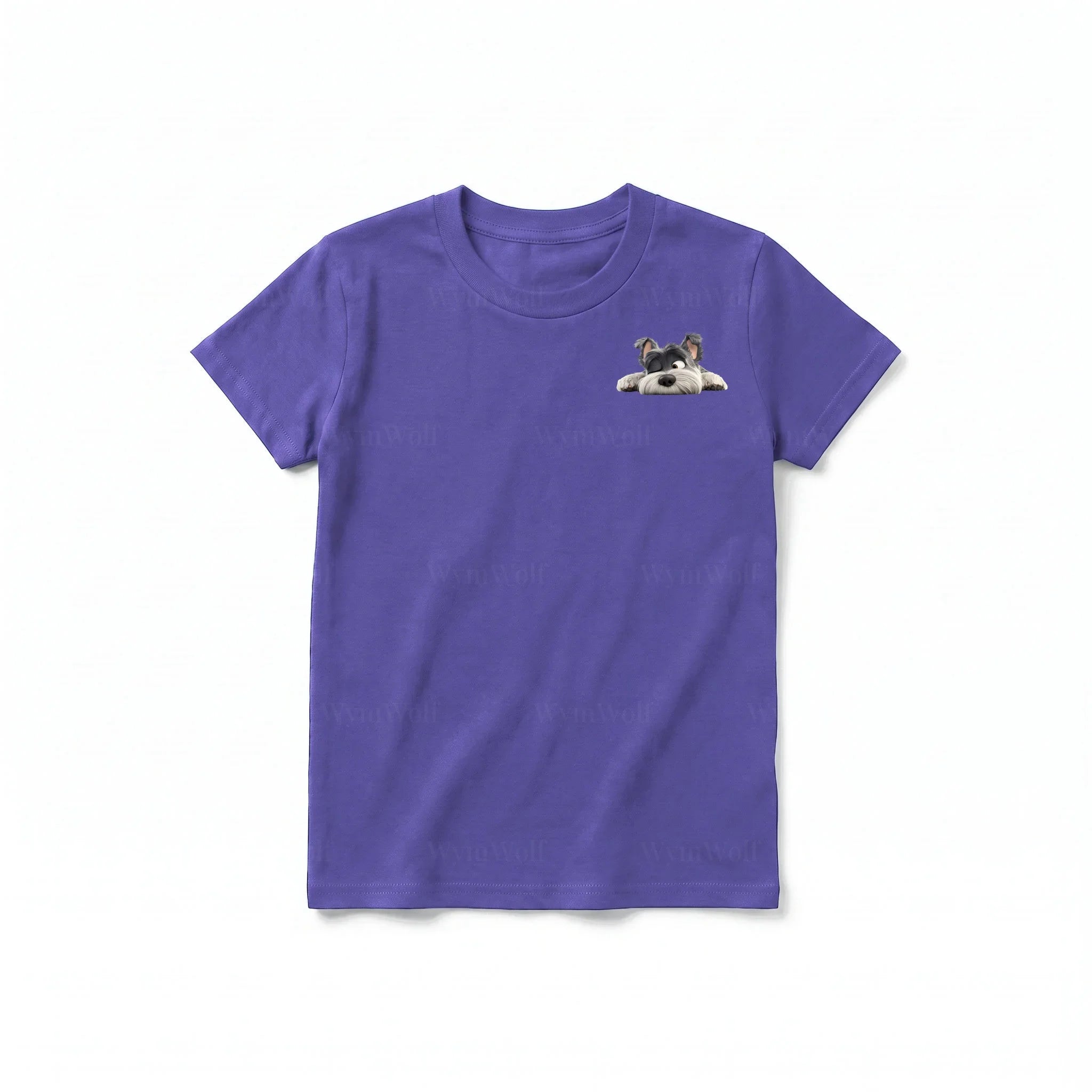 A purple short-sleeve crewneck t-shirt for youth featuring a graphic of a dog on the left chest.