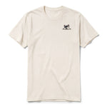 A vintage-white short-sleeve crewneck t-shirt for adult featuring a graphic of a dog on the left chest.