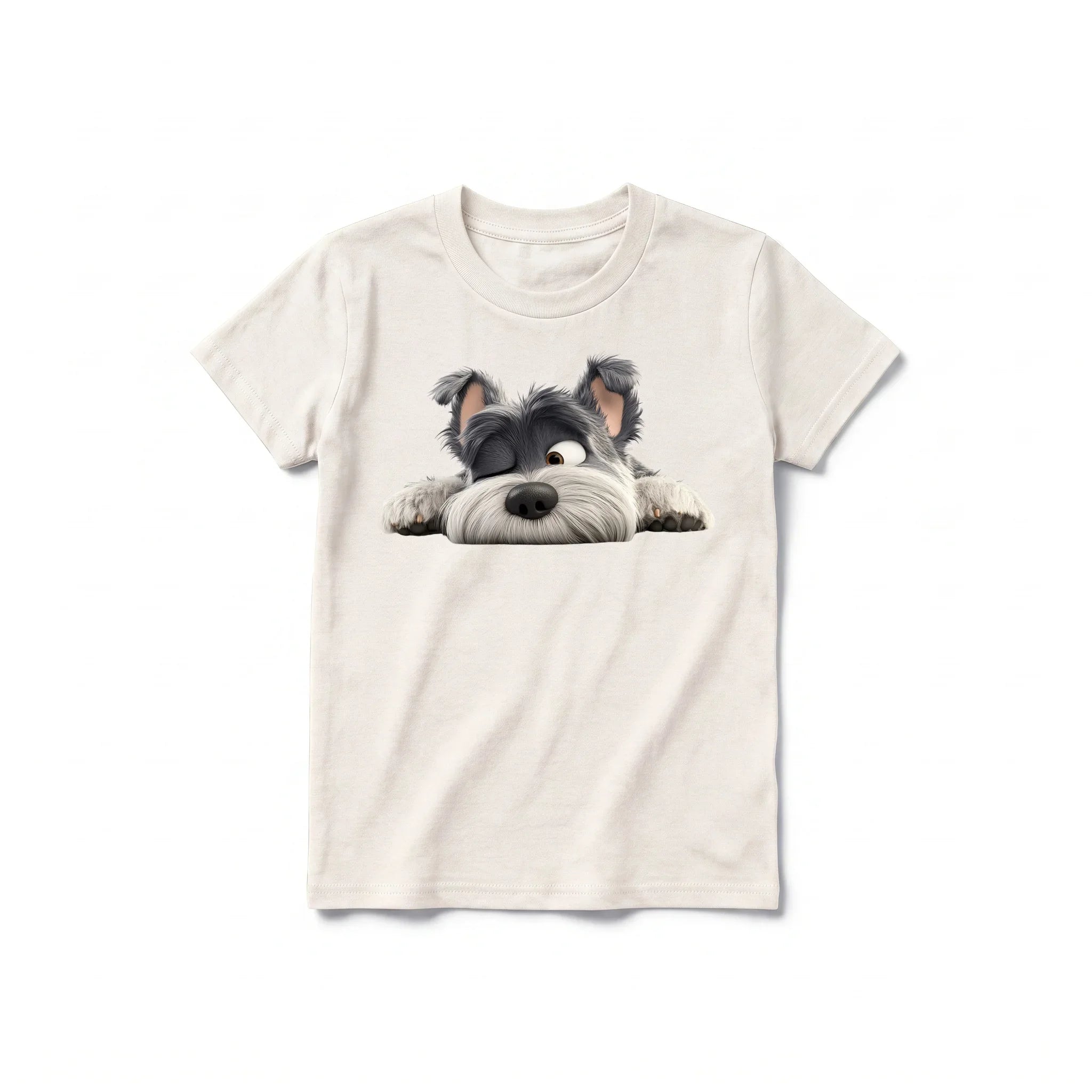 A vintage-white short-sleeve crewneck t-shirt for youth featuring a graphic of a dog on the front.