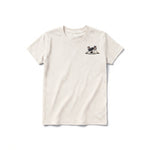 A vintage-white short-sleeve crewneck t-shirt for youth featuring a graphic of a dog on the left chest.