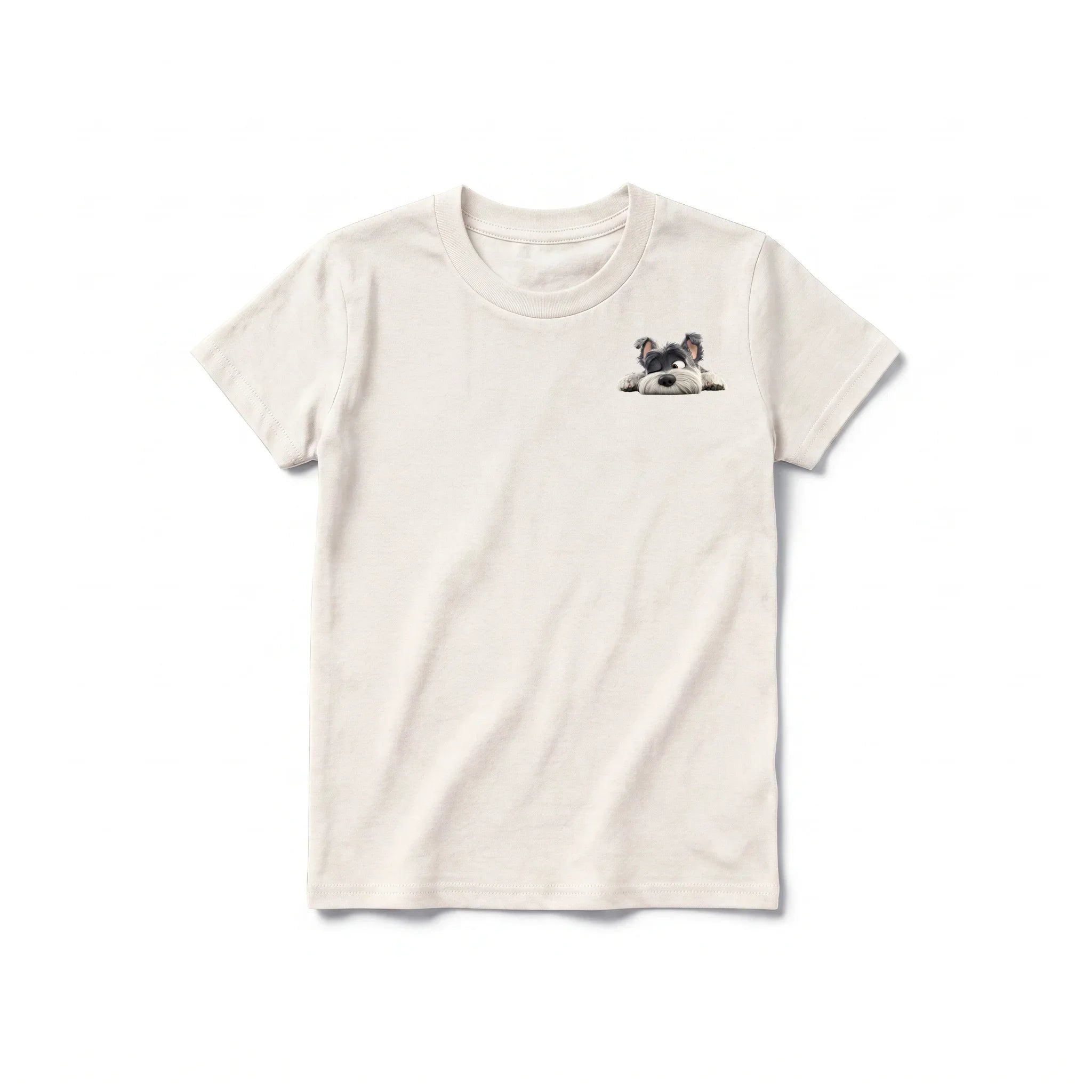 A vintage-white short-sleeve crewneck t-shirt for youth featuring a graphic of a dog on the left chest.