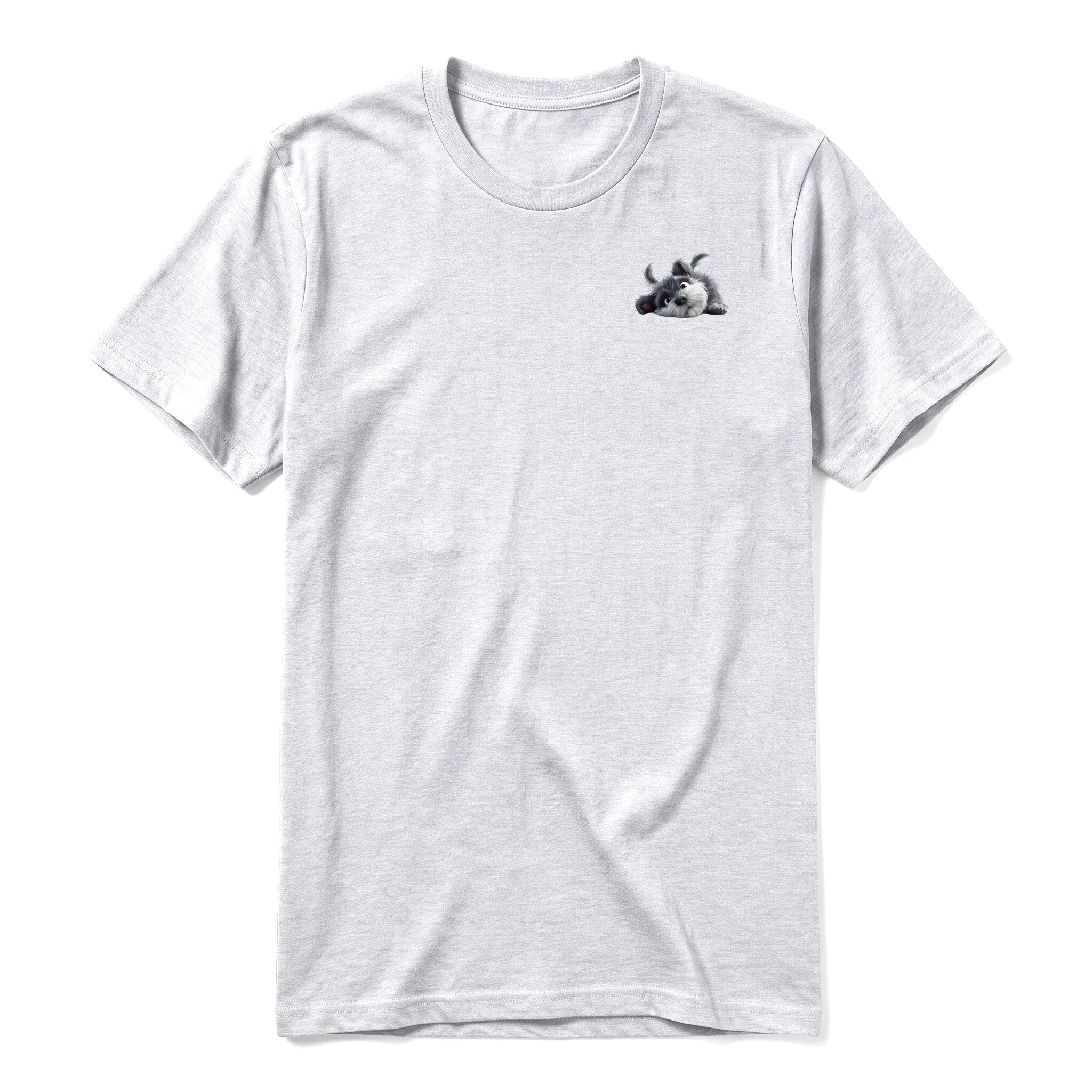 Un T-shirt gris cendré à manches courtes et col rond, orné d'un motif représentant un chien sur la poitrine gauche.