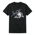 A black short-sleeve crewneck t-shirt for adult featuring a graphic of a dog on the front.