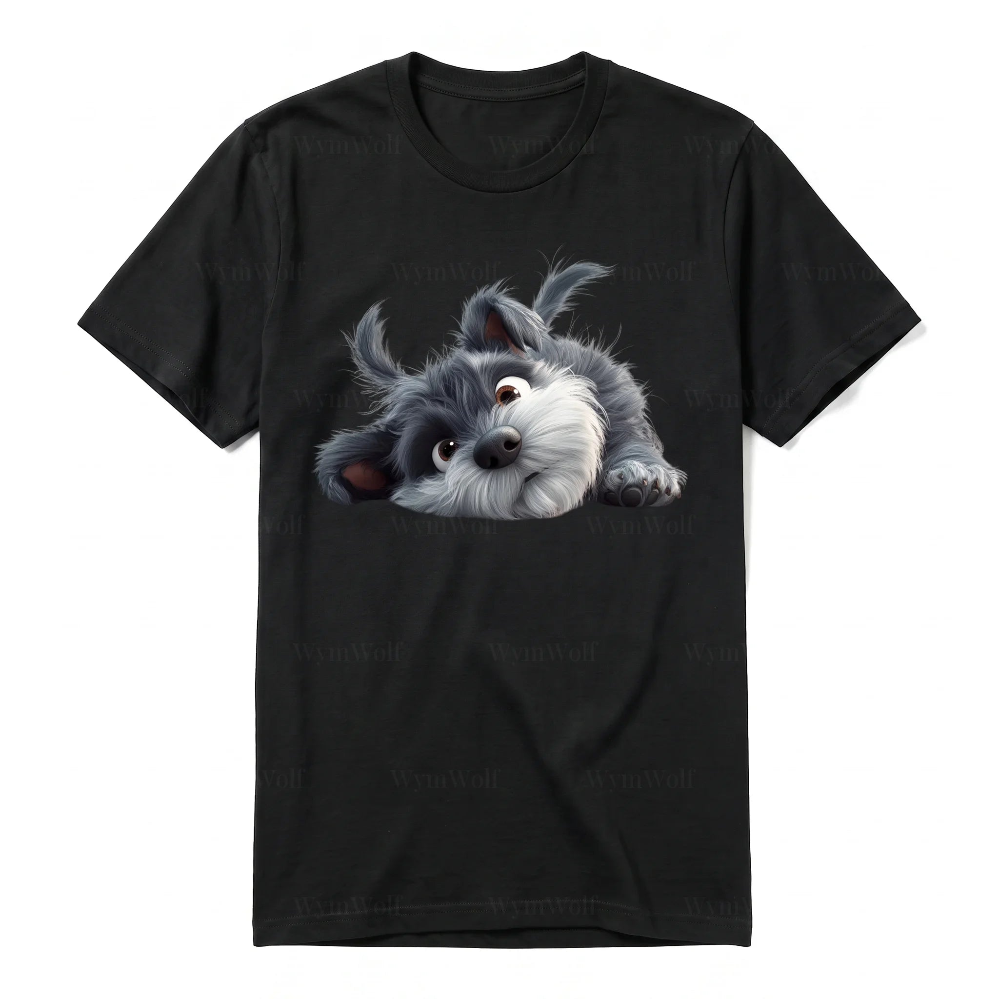 A black short-sleeve crewneck t-shirt for adult featuring a graphic of a dog on the front.