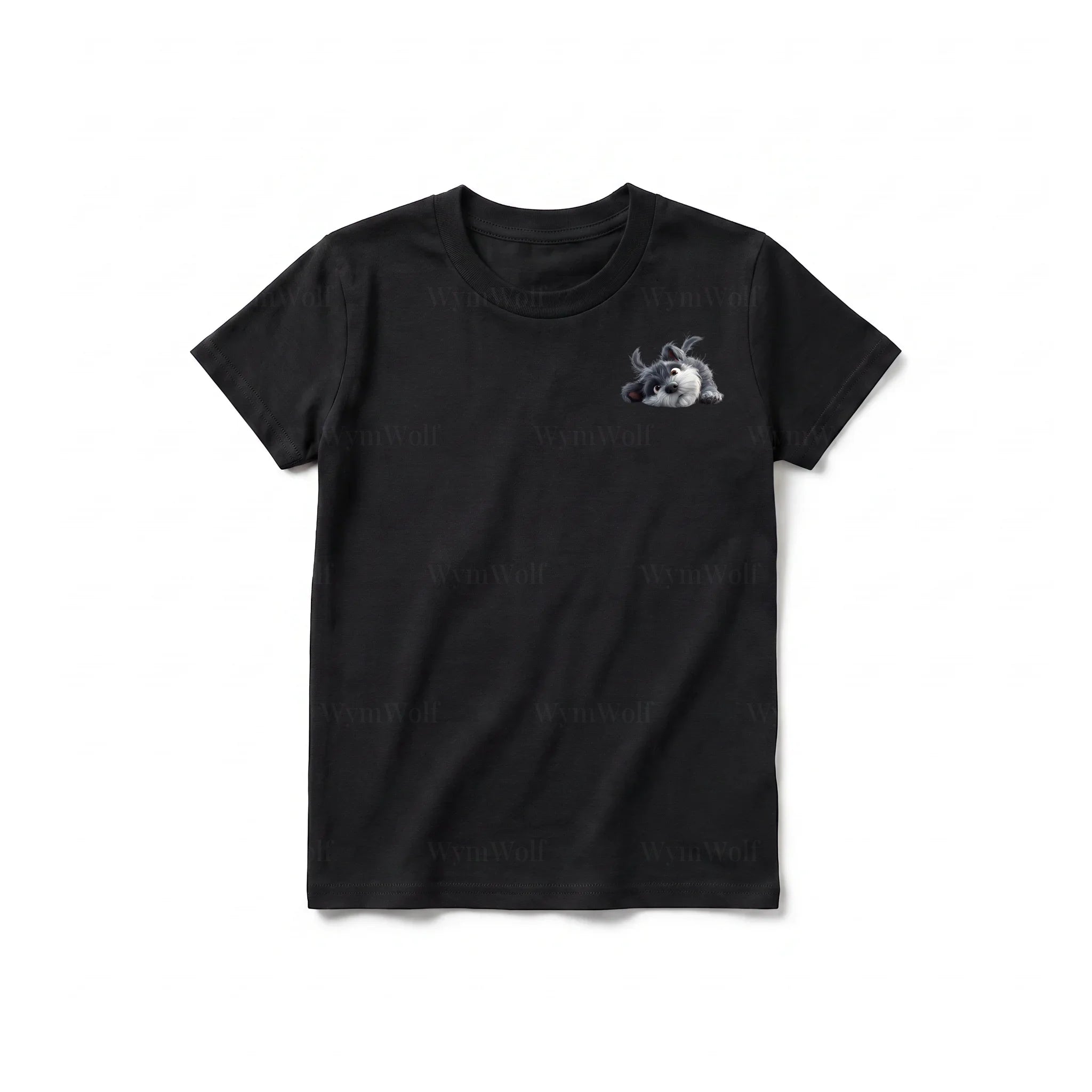 A black short-sleeve crewneck t-shirt for youth featuring a graphic of a dog on the left chest.