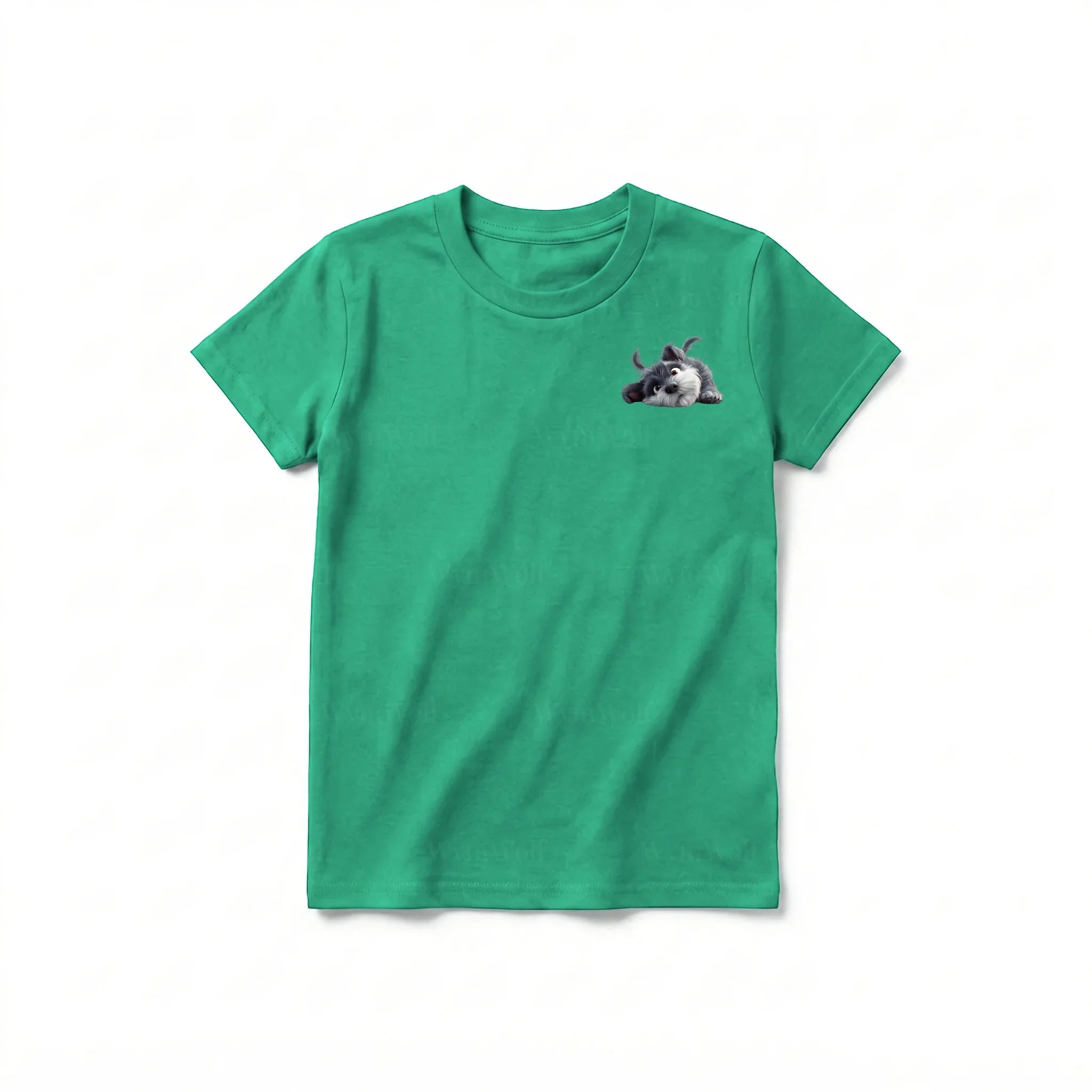 Un T-shirt kelly à manches courtes et col rond pour jeune, orné d'un motif représentant un chien sur la poitrine gauche.