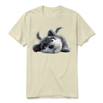 A latte short-sleeve crewneck t-shirt for adult featuring a graphic of a dog on the front.