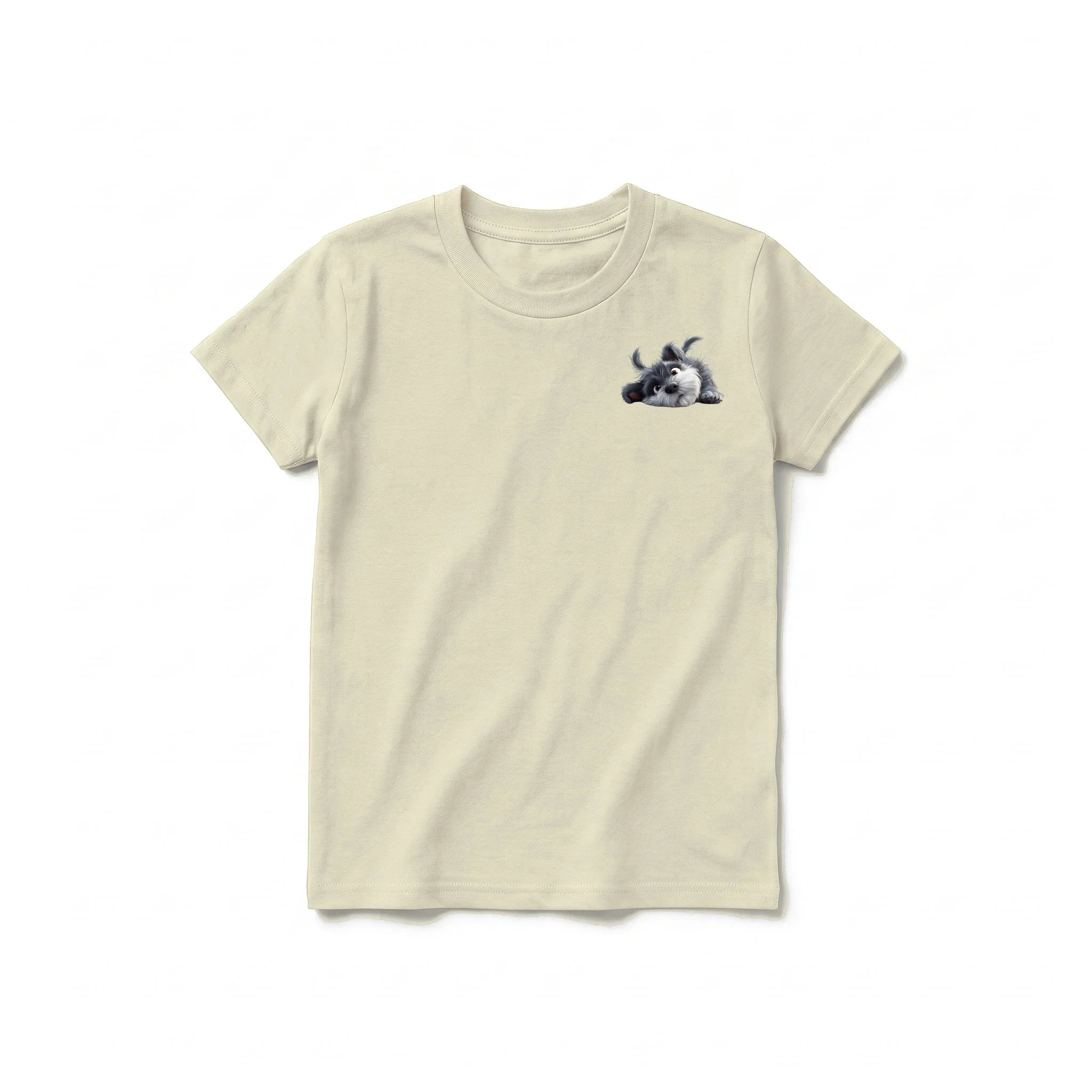 A latte short-sleeve crewneck t-shirt for youth featuring a graphic of a dog on the left chest.