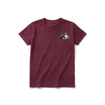 A maroon short-sleeve crewneck t-shirt for youth featuring a graphic of a dog on the left chest.
