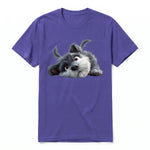 A purple short-sleeve crewneck t-shirt for adult featuring a graphic of a dog on the front.