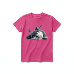 A raspberry short-sleeve crewneck t-shirt for youth featuring a graphic of a dog on the front.