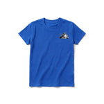 Un T-shirt royal à manches courtes et col rond pour jeune, orné d'un motif représentant un chien sur la poitrine gauche.