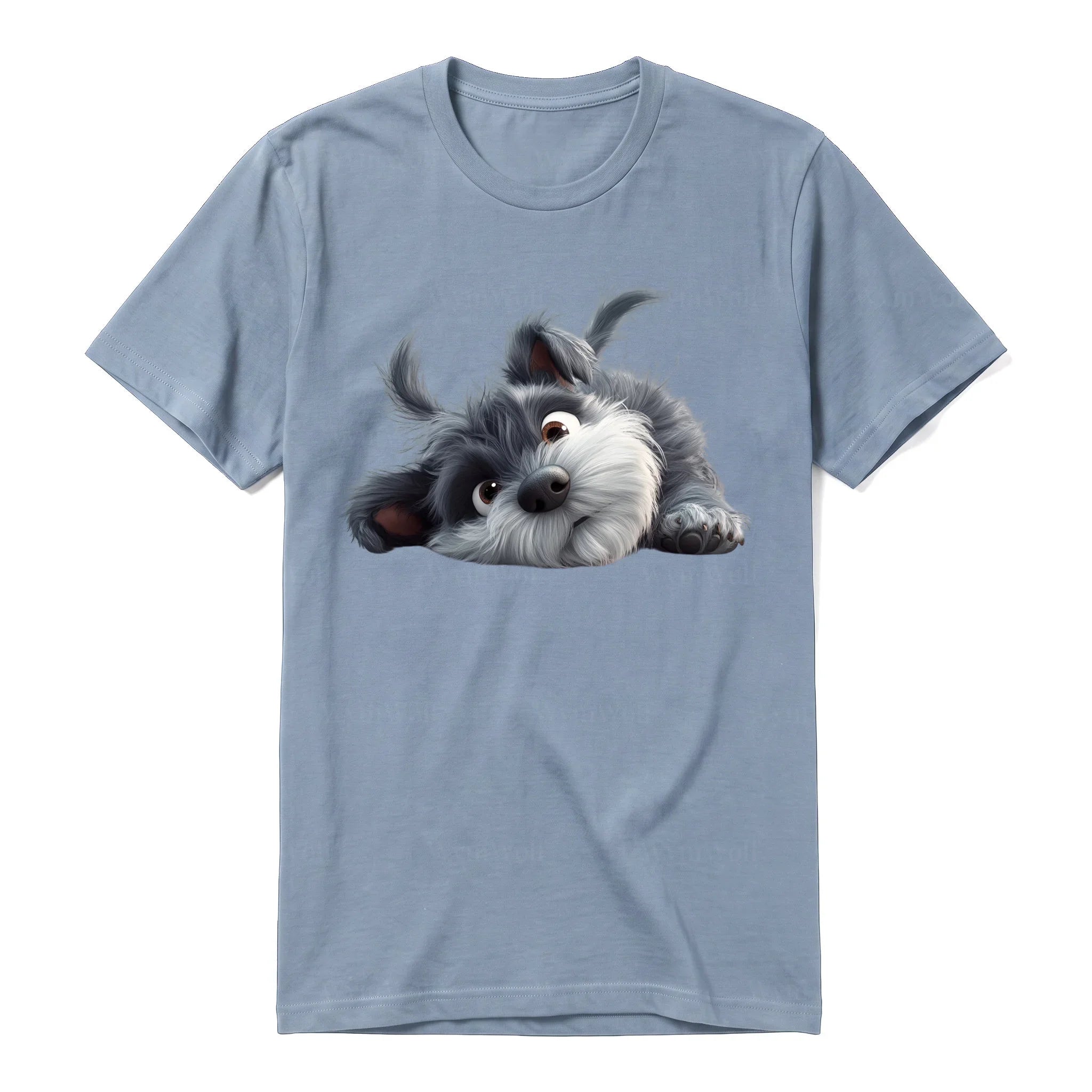 Un T-shirt steel-blue à manches courtes et col rond, orné d'un motif représentant un chien sur le devant.