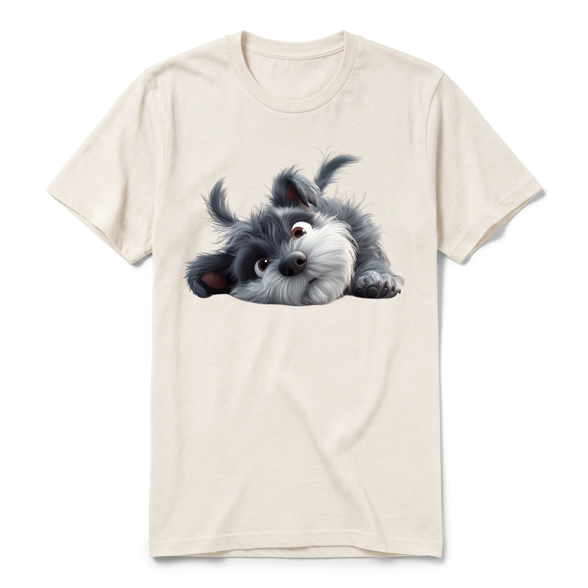 Un T-shirt blanc vintage à manches courtes et col rond, orné d'un motif représentant un chien sur le devant.