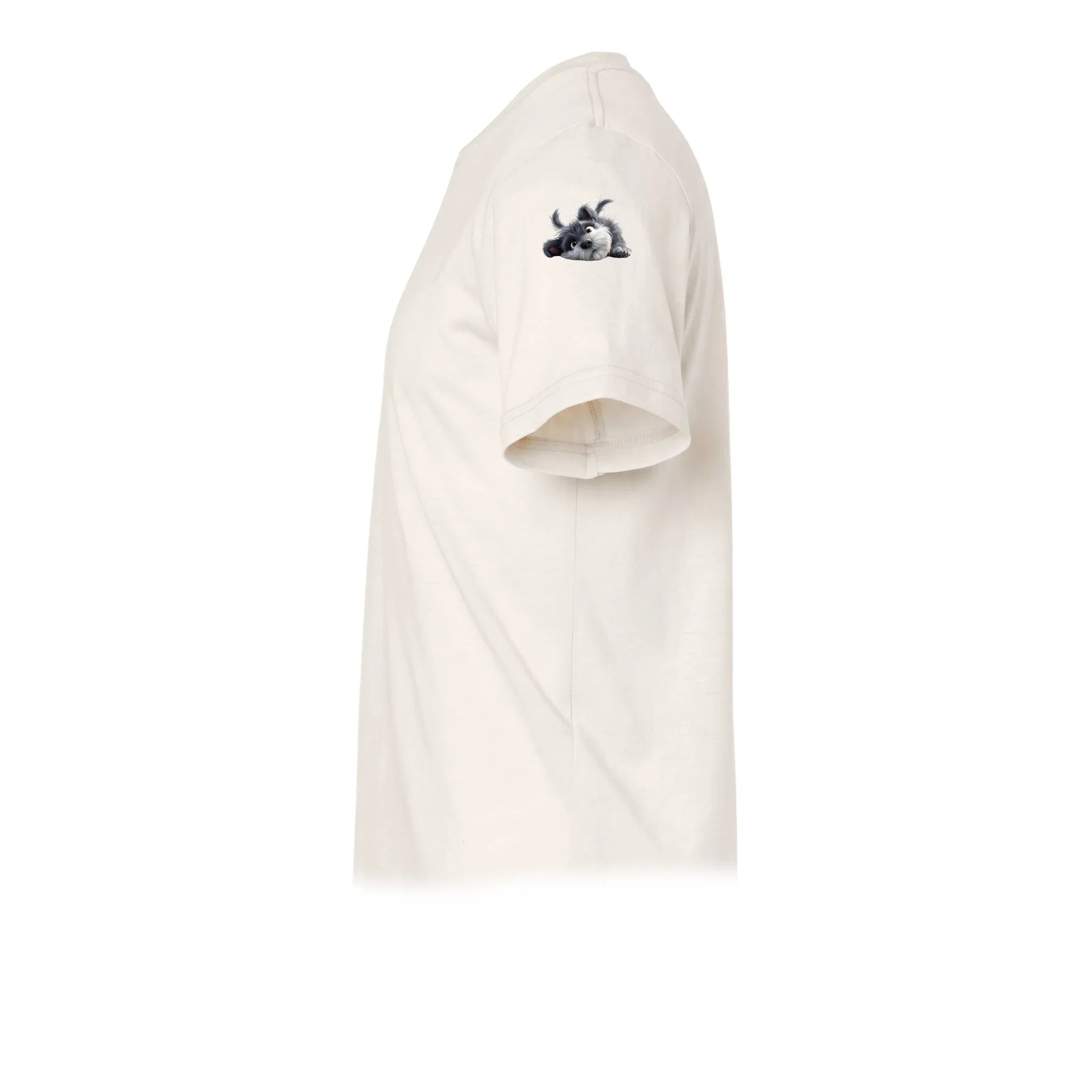 Un T-shirt blanc vintage à manches courtes et col rond, orné d'un motif représentant un chien sur le haut de la manche gauche.