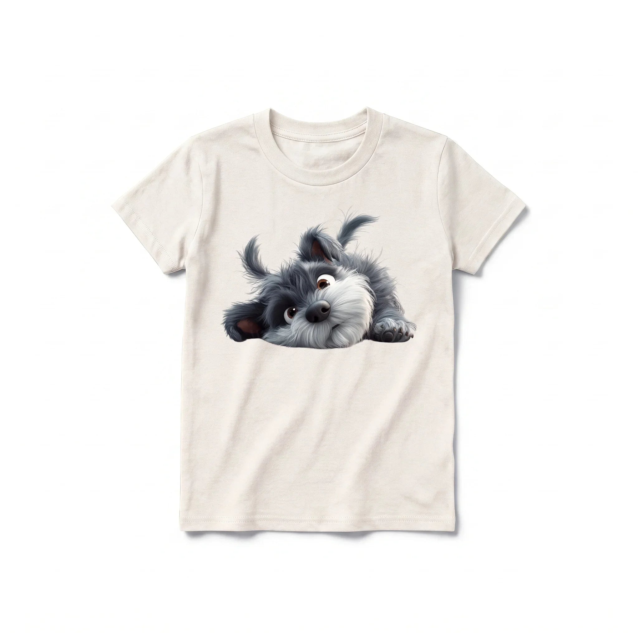 Un T-shirt blanc vintage à manches courtes et col rond pour jeune, orné d'un motif représentant un chien sur le devant.