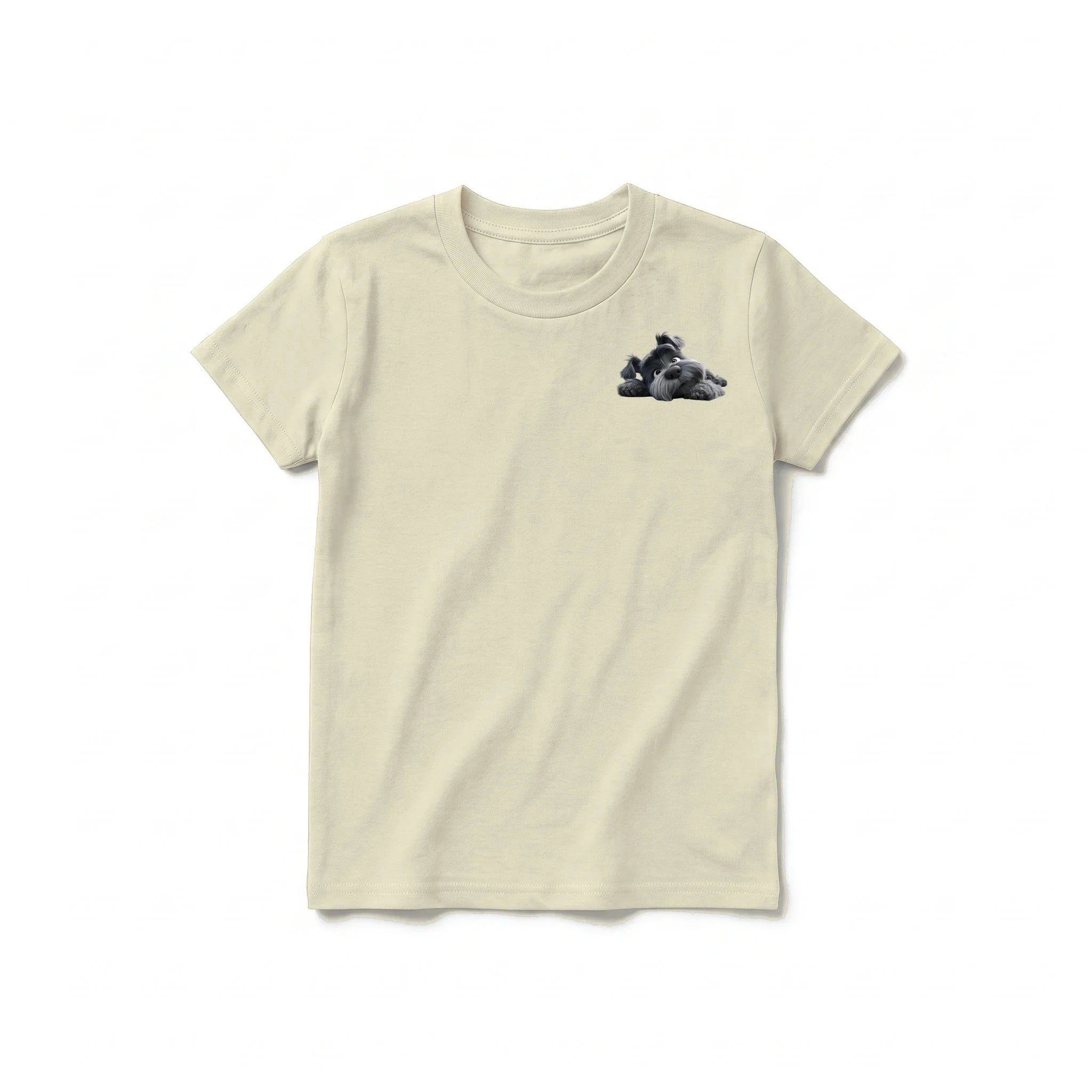 A latte short-sleeve crewneck t-shirt for youth featuring a graphic of a dog on the left chest.
