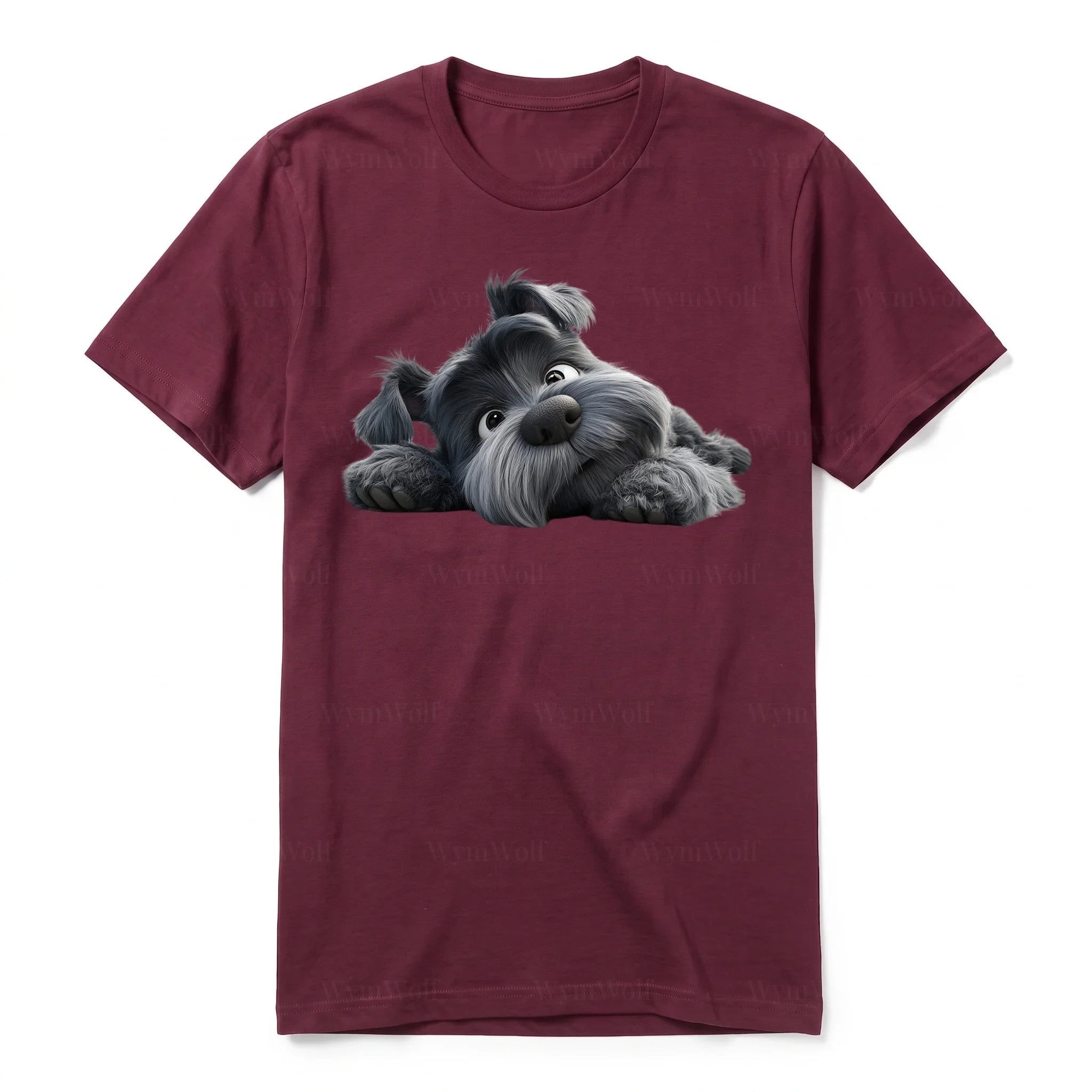 A maroon short-sleeve crewneck t-shirt for adult featuring a graphic of a dog on the front.